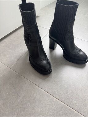Santoni Black Leather & Knit Block Heel Bootie, 75mm
